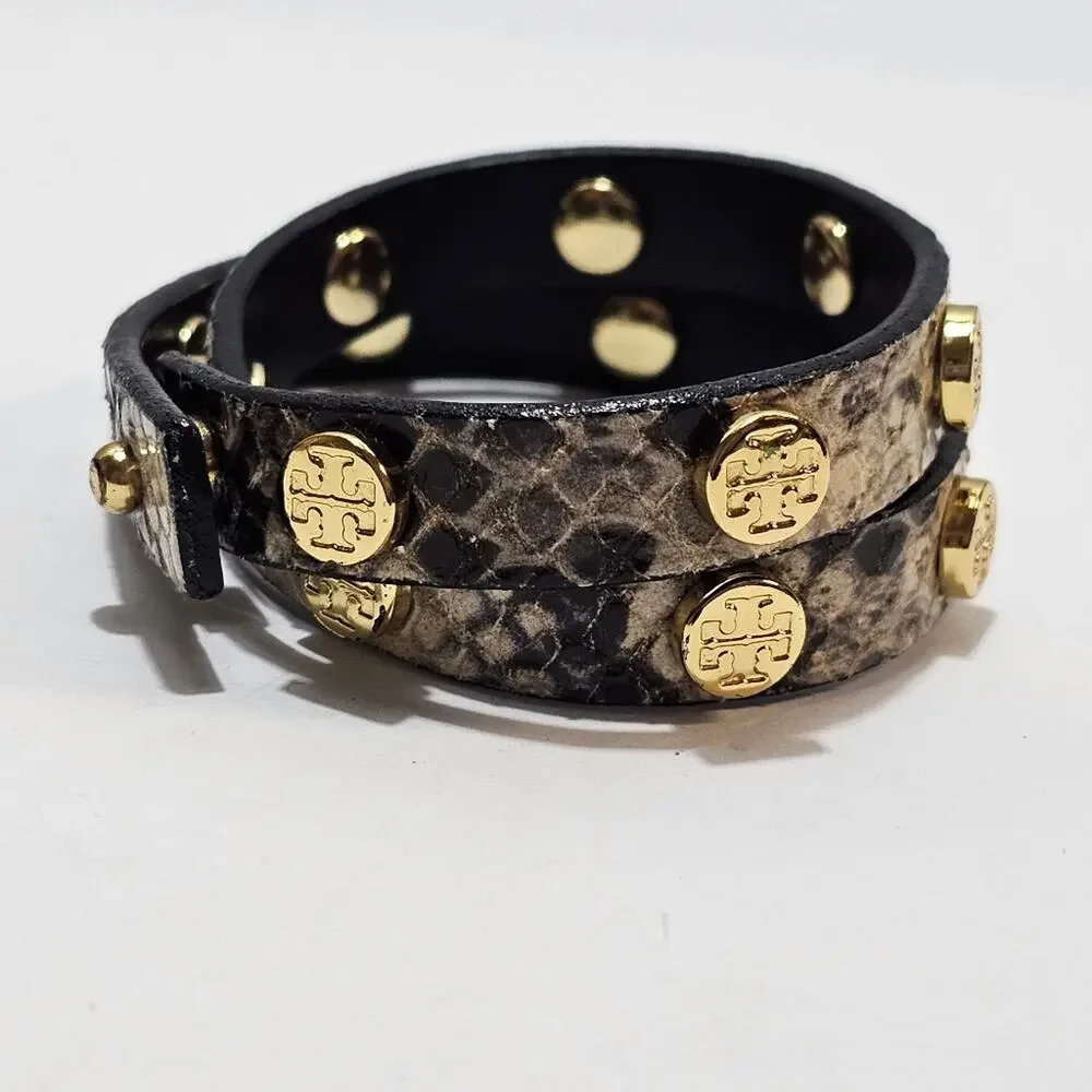 Tory Burch Snakeskin Black &‎ Brown Leather Logo Studded Double Wrap Bracelet